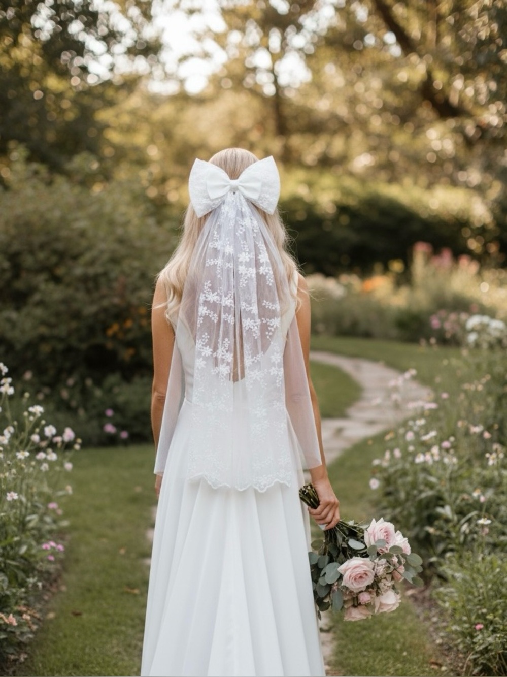 White Bridal Bow Veil, Lace Bow Wedding Veil, Embroidered Floral Veil Bow - Picture 3 of 11